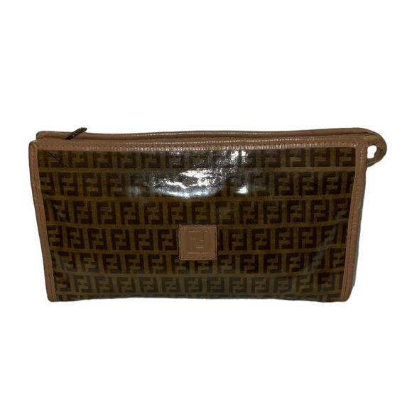 Fendi Zucca FF Coated Canvas Cosmetic Bag Pouch with leather trim and accents - Picture 9 of 14